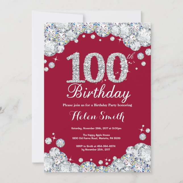 100th Birthday Burgundy Red Silver Diamond Invitation (Front)