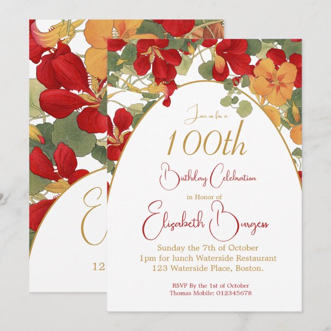 100th Birthday Burnt Orange Arch Flowers  Invitation (Front/Back)