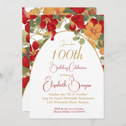 100th Birthday Burnt Orange Arch Flowers  Invitation