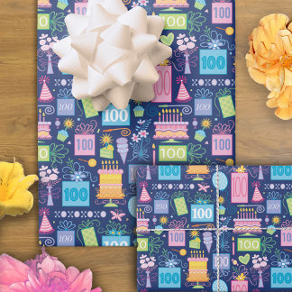 100th Birthday Cake Presents Balloons Blue Wrapping Paper Sheets