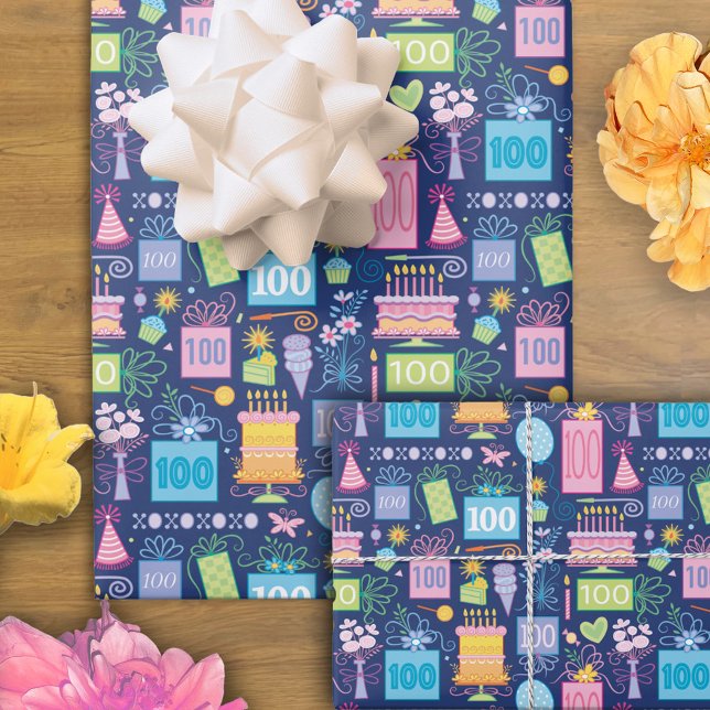 100th Birthday Cake Presents Balloons Blue Wrapping Paper Sheets (Creator Uploaded)