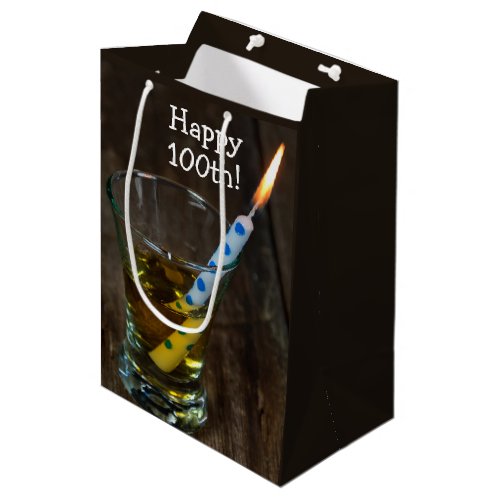 100th Birthday Candle in Whiskey Glass   Medium Gift Bag