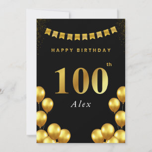 100th Birthday Card Black and Gold Balloons