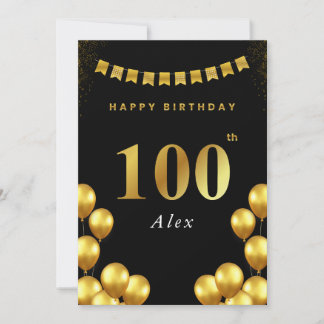 100th Birthday Card Black and Gold Balloons