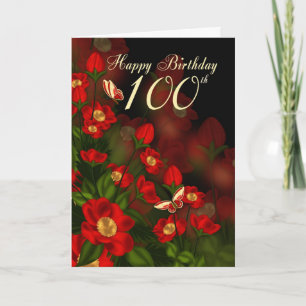 100th Birthday Card With Deep Red Flowers