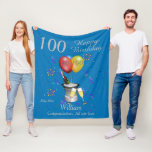100th Birthday Celebration Blue Fleece Blanket<br><div class="desc">A stylish milestone Happy birthday 100th age blanket. Features an ice bucket with a bottle, flute glasses, colorful balloons and confetti all on a blue background with silver colored text. Perfect as a gift to celebrate a 100th birthday, something that they can cherish and snuggle up with, Can be customize...</div>