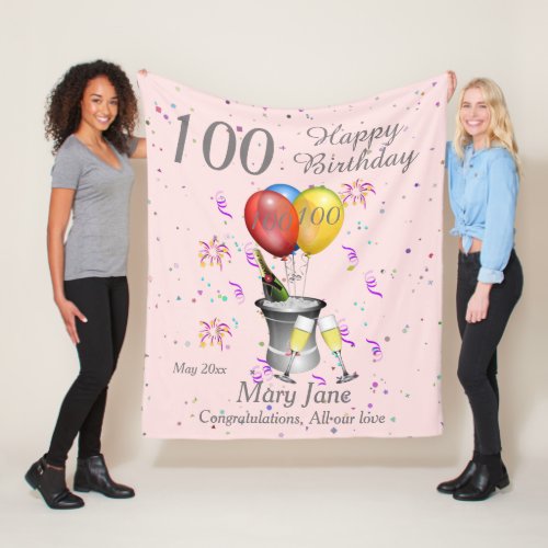 100th Birthday Celebration Pink Fleece Blanket