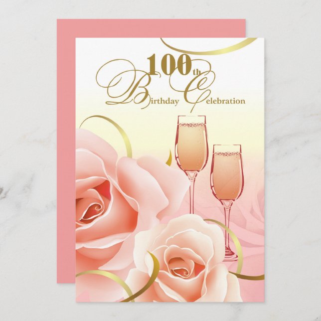 100th Birthday Celebration. Pink Peach Roses Invitation (Front/Back)