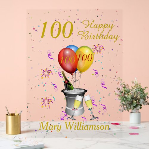 100th Birthday Celebration Sparkling Wine Acrylic Sign