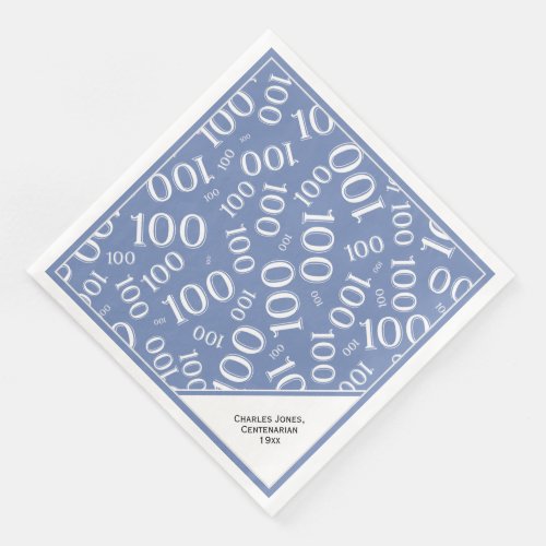 100th Birthday Centenarian Blue Number Pattern Paper Dinner Napkins