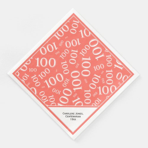 100th Birthday Centenarian Coral Number Pattern  Paper Dinner Napkins