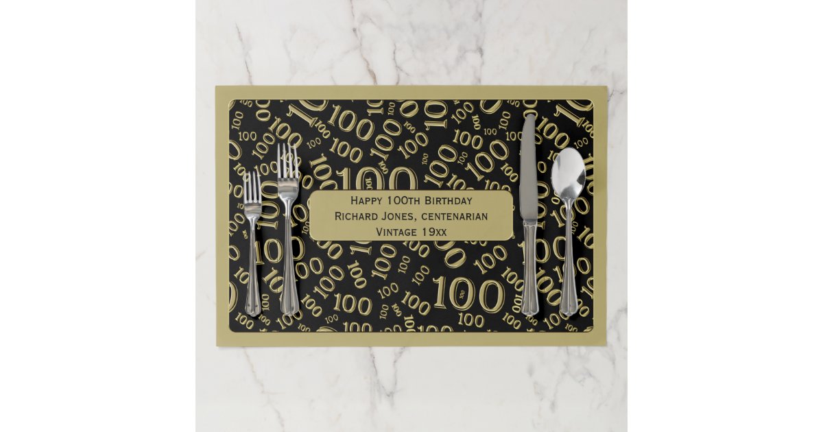 100th Birthday Centenarian Gold/Black Pattern Paper Placemat Zazzle