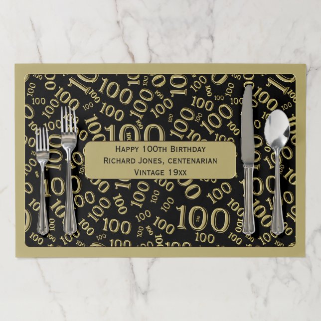 100th Birthday Centenarian Gold/Black Pattern Paper Placemat (In Situ)