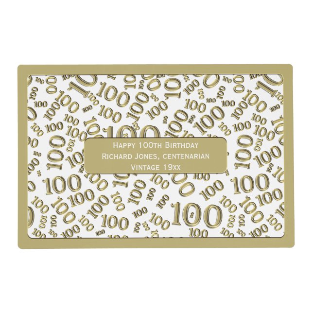 100th Birthday Centenarian Gold/White Pattern Placemat (Front)