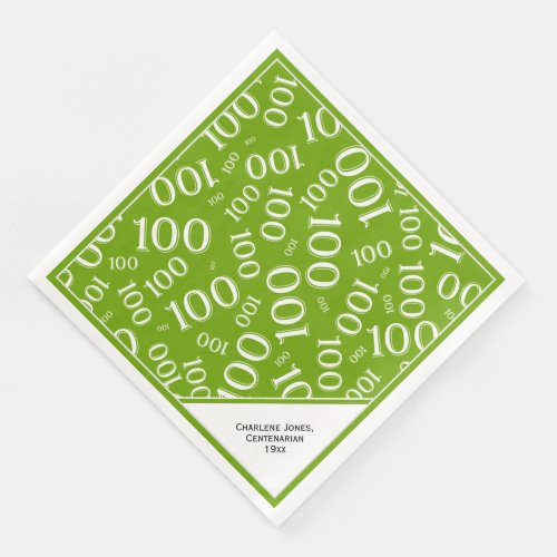 100th Birthday Centenarian Green Number Pattern Paper Dinner Napkins