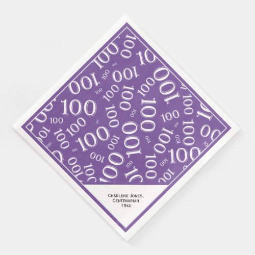 100th Birthday Centenarian Purple Number Pattern Paper Dinner Napkins