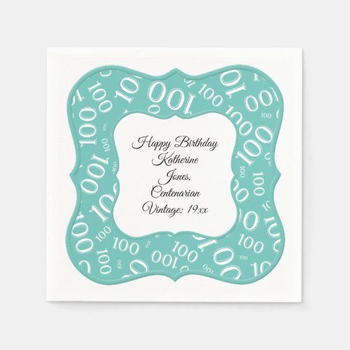 100th Birthday Centenarian Teal Number Pattern Napkins