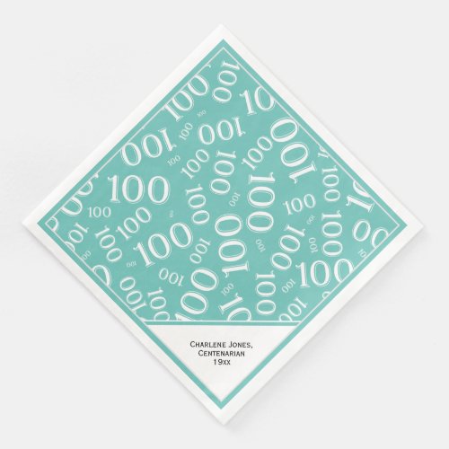 100th Birthday Centenarian Teal Number Pattern Paper Dinner Napkins