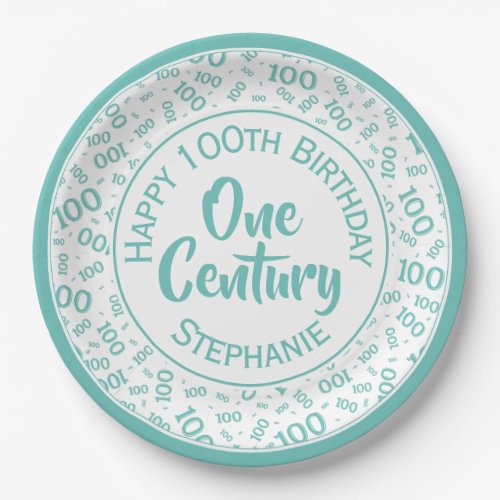 100th Birthday Century Number Pattern TealWhite Paper Plates