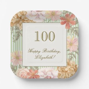 100th Birthday Coaster Autumn Color Floral Stripe Paper Plates