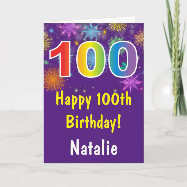 100th Birthday Colorful Rainbow Firework Purple Card | Zazzle