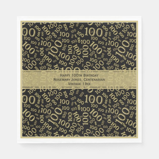 100th Birthday Cool Number Pattern Black/Gold Napkins (Front)