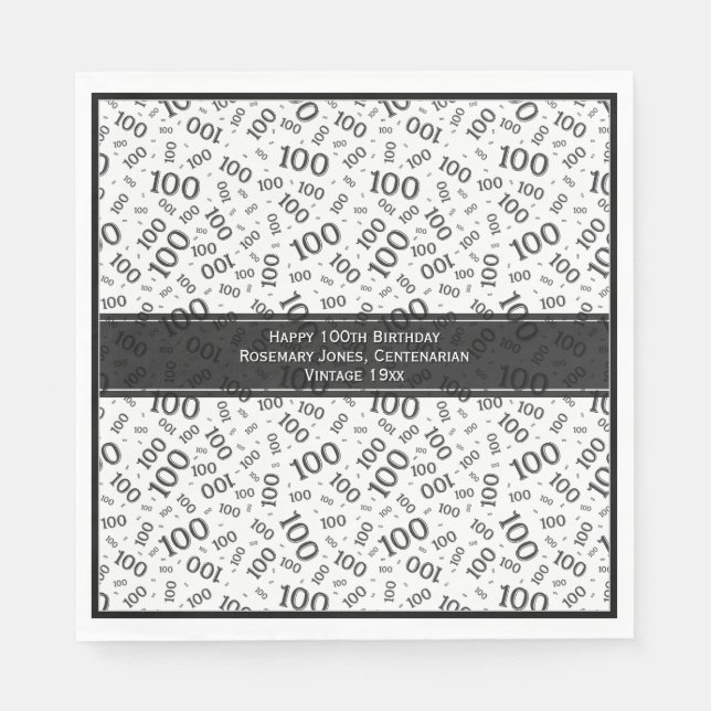 100th Birthday Cool Number Pattern Black/White Napkins (Front)