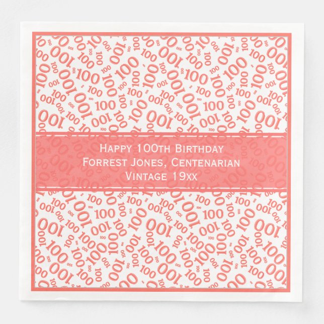 100th Birthday Cool Number Pattern Coral/White Paper Dinner Napkins (Front)