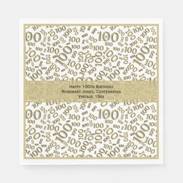 100th Birthday Cool Number Pattern Gold/White Napkins (Front)