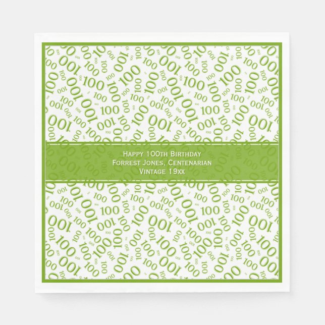 100th Birthday Cool Number Pattern Green/White Napkins (Front)
