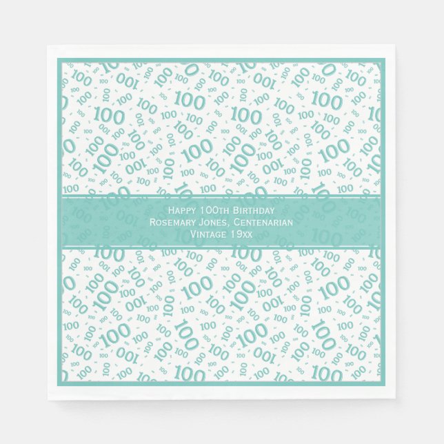 100th Birthday Cool Number Pattern Teal/White Napkins (Front)