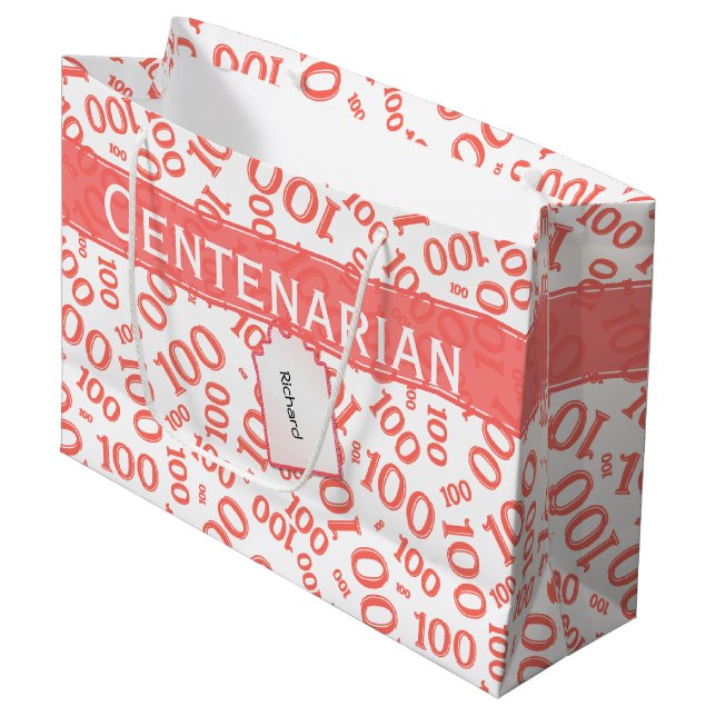 100th Birthday Coral/White Random Number Pattern Large Gift Bag (Front Angled)