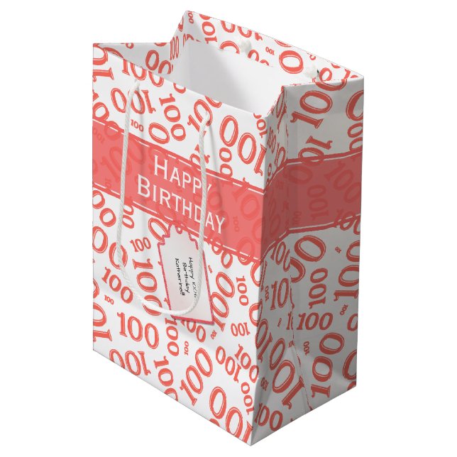 100th Birthday Coral/White Random Number Pattern Medium Gift Bag (Front Angled)