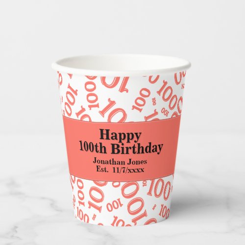 100th Birthday CoralWhite Random Number Pattern  Paper Cups