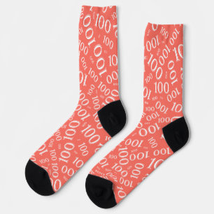 100th Birthday Coral/White Random Number Pattern Socks