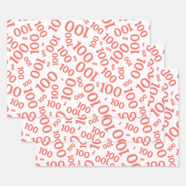 100th Birthday Coral/White Random Number Pattern Wrapping Paper Sheets (Set)