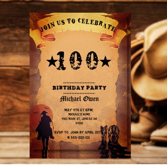 100th birthday cowboy old paper horse riding party invitation (Creator Uploaded)