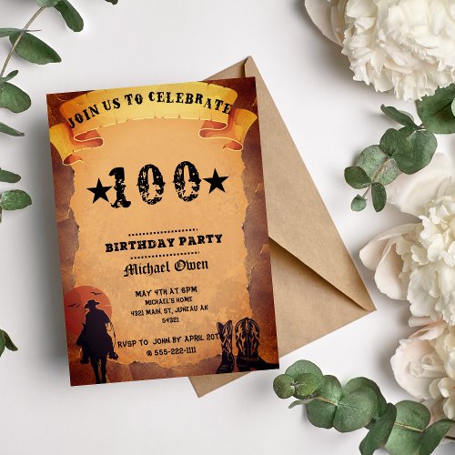 100th birthday cowboy old paper horse riding party invitation