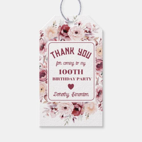 100th Birthday Custom Burgundy Pink Floral Favor Gift Tags