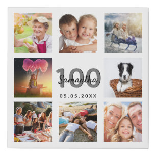 100th birthday custom photo collage white monogram faux canvas print