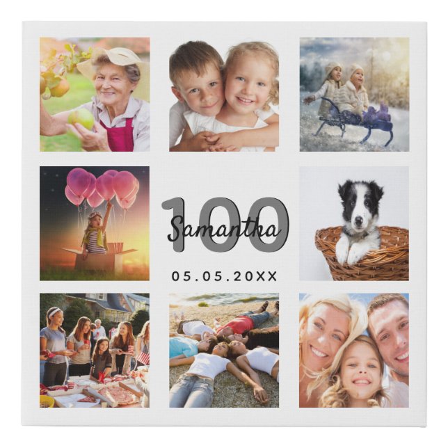 100th birthday custom photo collage white monogram faux canvas print (Front)