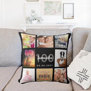 100th birthday custom photo collage woman black throw pillow