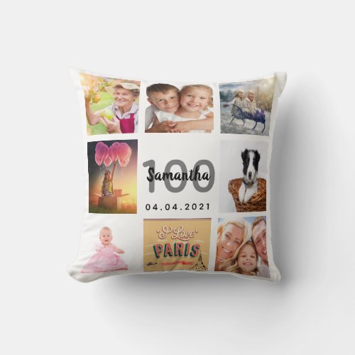 100th birthday custom photo collage woman white throw pillow