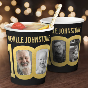 100th birthday custom two photo black and gold paper cups