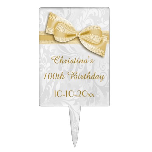 100th Birthday Damask and Faux Bow Cake Topper