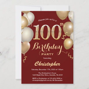 100th Birthday Dark Red and Gold Balloons Confetti Invitation