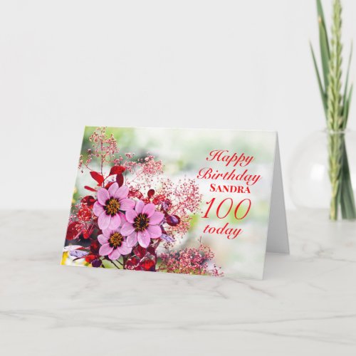 100th Birthday Day Pink Flowers Add A Name Card