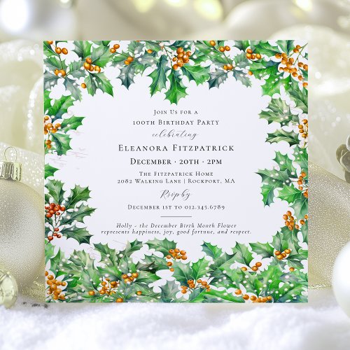 100th Birthday December Birth Flower Holly Square