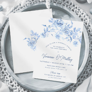 100th Birthday Dinner Party Dusty Blue Rose Floral Invitation