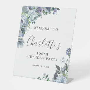 100th Birthday Dusty Blue Floral Welcome Pedestal Sign
